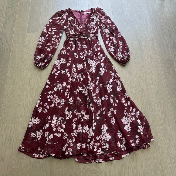 Ieena for Mac Duggal Floral Chiffon Burgundy Red Long Sleeve Maxi Dress V-Neck 0 - Picture 2 of 11